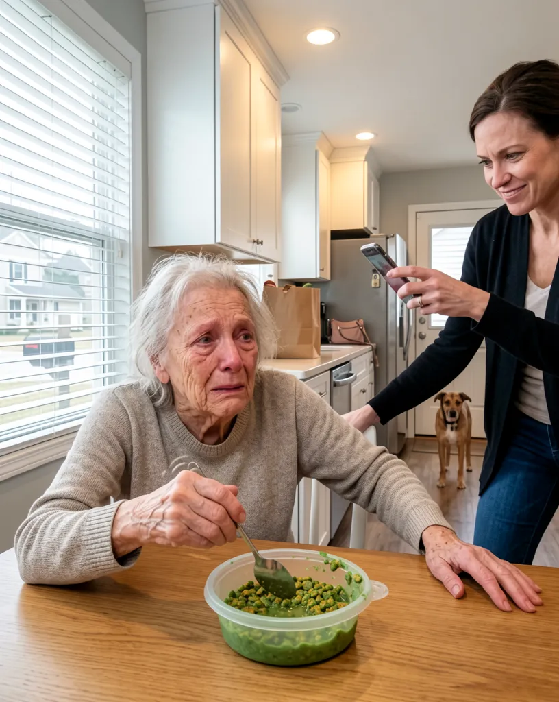 Schoonmoeder met hondenvoer in keuken